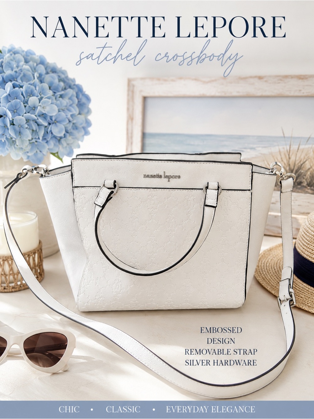 Nanette Lepore White Embossed Satchel Crossbody with Silver Hardware